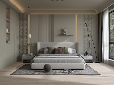 Modern Bedroom Interior Design With Gray Bed Nightstands Area Rug And Large Windows 3d model