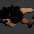 Woman in Black Dress with Black Stockings and High Heels Posing Against Gray Background