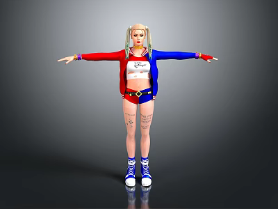 Blonde Female Character With Pigtails Red Blue Jacket Tattoos Standing Arms Outstretched 3d model