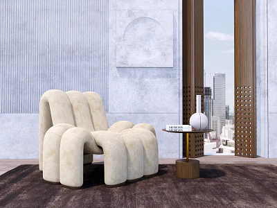 Modern Curved Beige Fabric Single Chair In Interior With Side Table And City View 3d model