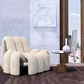 Modern Curved Beige Fabric Single Chair In Interior With Side Table And City View