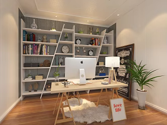Study Bookshelf Desk Green Plant Wall Panel Computer 3d model