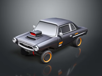 Vintage Style Black Car With Yellow Rims Red Hood Component And Body Stripes 3d model