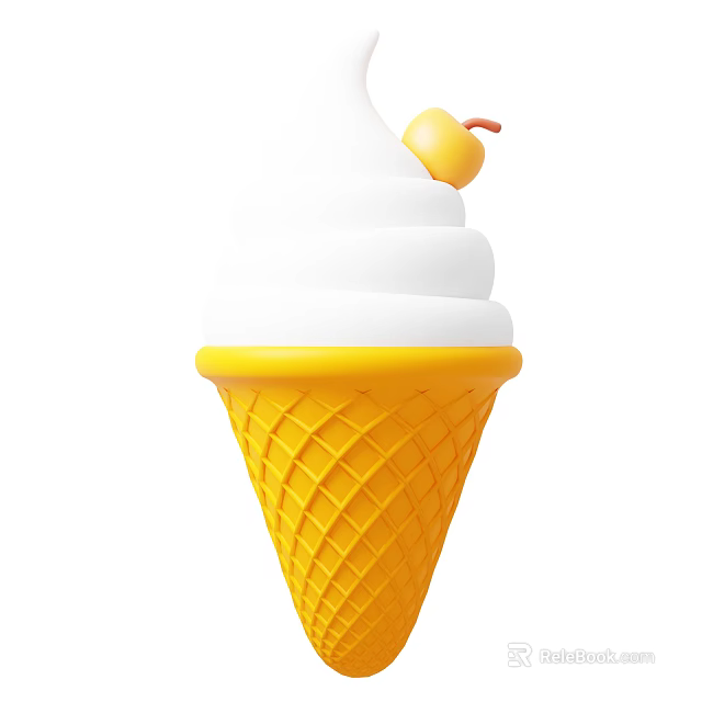 Delicious Yellow Ice Cream Cone With White Soft Serve And Cherry On Top 3d model 