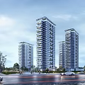 Modern High Rise Residential Buildings With Surrounding Greenery And Road Traffic