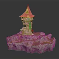 Cartoon Scene Featuring Wooden Tower With Pointed Roof On Rocky Base And Grass Path