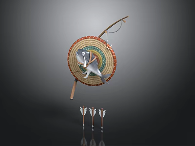 Traditional Hunting Tools Display With Woven Shield Fish Pattern Wooden Handle And Arrows 3d model
