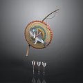 Traditional Hunting Tools Display With Woven Shield Fish Pattern Wooden Handle And Arrows