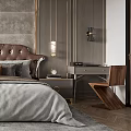Elegant Modern Bedroom Interior With Upholstered Headboard Nightstand Curtains And Herringbone Floor Rug