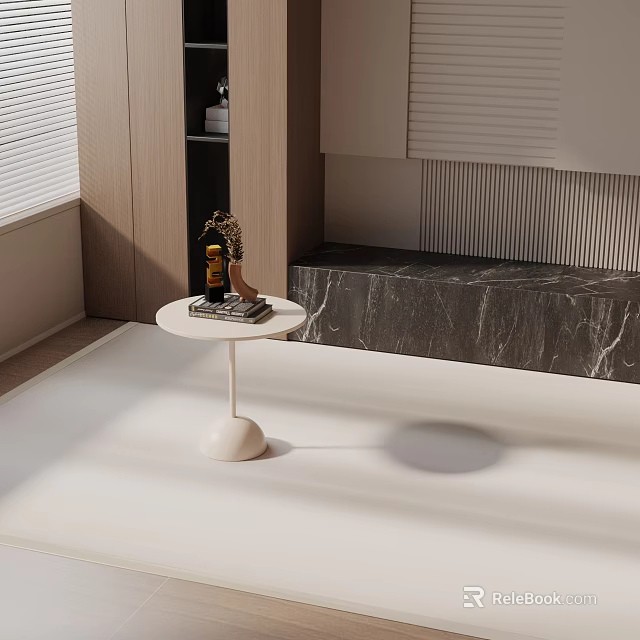 Modern Round White Top Side Table With Wooden Cabinet And Marble Wall In Living Room 3d model 