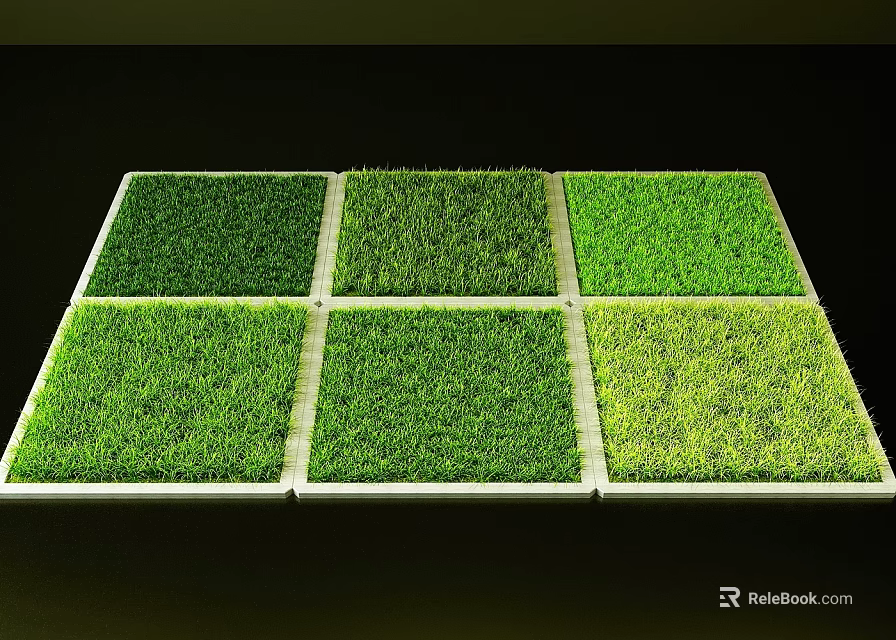 Six Square Green Grass Turf Samples Neatly Arranged In Rows 3d model