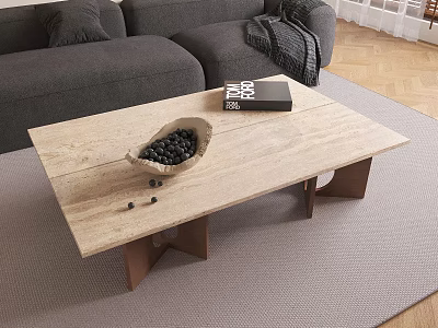 Light Wooden Rectangular Coffee Table with Black Basket Book and Decorative Balls on Grey Rug 3d model