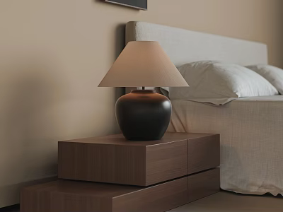 Modern Ceramic Table Lamp With Beige Lampshade On Wooden Nightstand Next To Bed 3d model