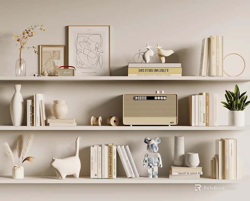 Decorative Ornament and Figurine Combination on Shelf with Books Art Frames Radio and Potted Plant 3d model 