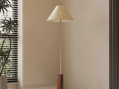 Modern Floor Lamp with Wooden Base Metal Pole Beige Shade in Corner Near Window Plant 3d model