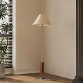 Modern Floor Lamp with Wooden Base Metal Pole Beige Shade in Corner Near Window Plant