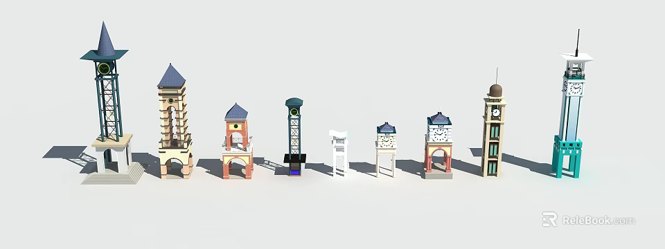 Diverse Designed Towers Featuring Clock Elements Blue Roofs And Architectural Styles 3d model 