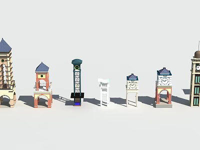 Diverse Designed Towers Featuring Clock Elements Blue Roofs And Architectural Styles 3d model