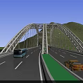 Arch Bridge Spanning River With Multi Level Roads Vehicles And Mountain Surroundings