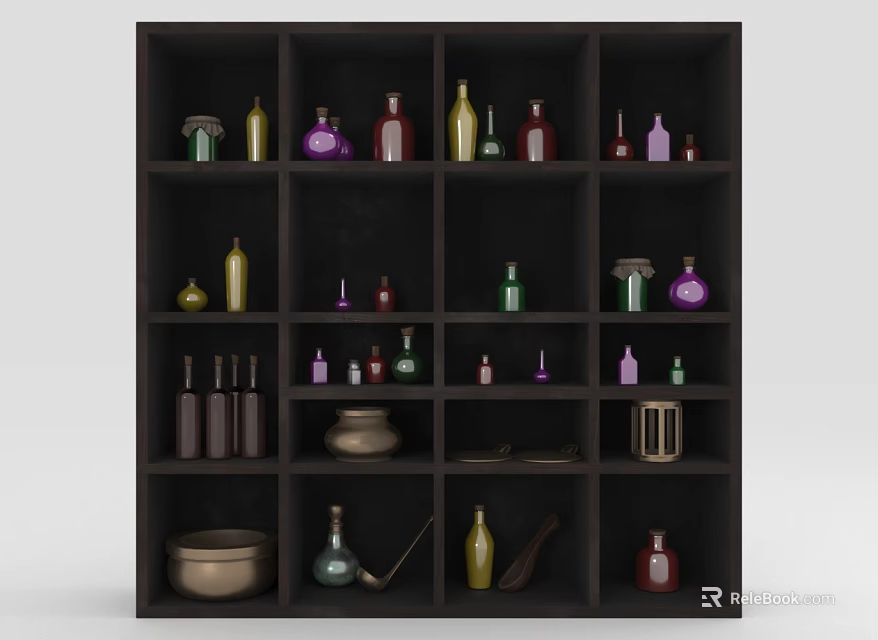 Black Multi Tiered Shelving Unit With Colorful Bottles Jars And Decorative Items 3d model 