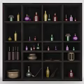 Black Multi Tiered Shelving Unit With Colorful Bottles Jars And Decorative Items