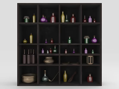 Black Multi Tiered Shelving Unit With Colorful Bottles Jars And Decorative Items 3d model