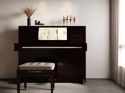 Elegant Dark Wood Piano with Music Sheet Vase and Figurines by Window 3d model