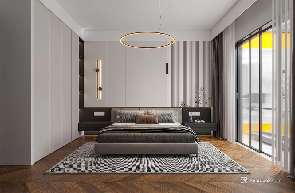 Modern Bedroom Interior With Herringbone Wooden Floor Circular Pendant Light Rug And Floor To Ceiling Windows 3d model 
