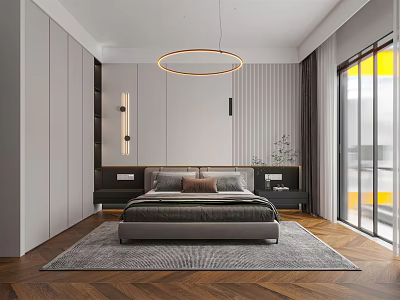 Modern Bedroom Interior With Herringbone Wooden Floor Circular Pendant Light Rug And Floor To Ceiling Windows 3d model