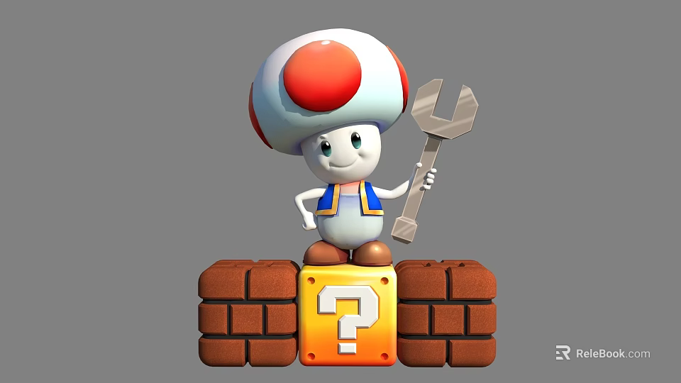 Mushroom Headed Game Character Holding Wrench Standing On Brick Blocks With Question Mark 3d model 