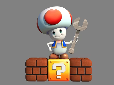 Mushroom Headed Game Character Holding Wrench Standing On Brick Blocks With Question Mark 3d model