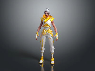 Game Movie Character In Yellow And White Futuristic Outfit With Headpiece Gloves And Boots 3d model
