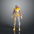 Game Movie Character In Yellow And White Futuristic Outfit With Headpiece Gloves And Boots