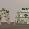 Wooden Multi Tiered Plant Shelving Unit with Green Plants and Purple Flowers
