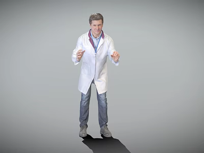 Man in White Doctor Coat With Stethoscope Standing Against Gray Background Gesturing 3d model