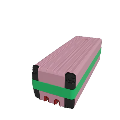 Stylish Pink Suitcase With Green Strap Black Corners And Red Wheels 3d model