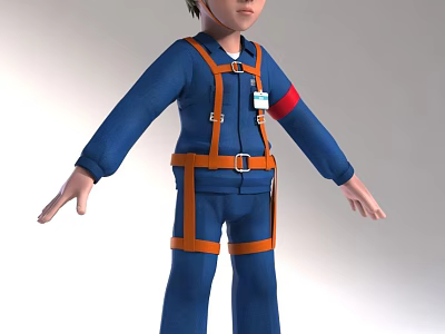 3D Model Human Character Wearing Blue Uniform Orange Harness Red Armband Standing With Open Arms 3d model