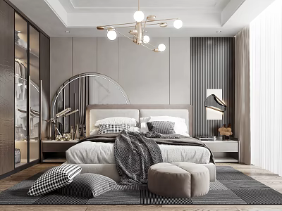 Modern Bedroom Interior Design With Upholstered Headboard Round Mirror Chandelier Throw Blanket And Ottoman Rug 3d model