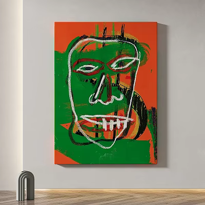 Abstract Painting with Orange Green Background and White Outlined Facial Features 3d model
