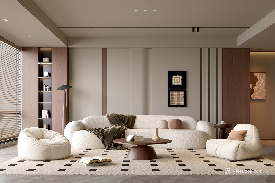 Modern Living Room with Beige Sofa White Bean Bags Round Coffee Table and Patterned Rug 3d model 