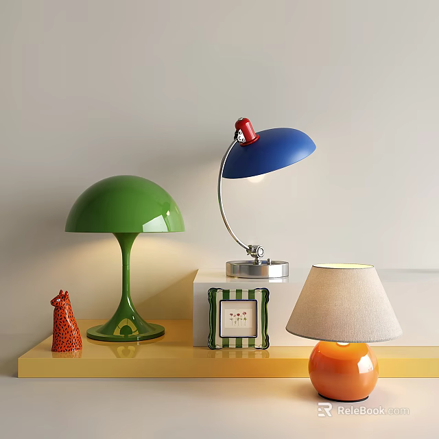 Stylish Table Lamps in Green Blue and Orange on Yellow Shelf with Small Red Decor 3d model 