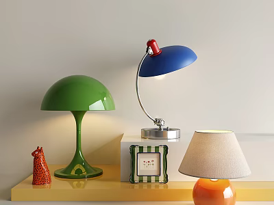 Stylish Table Lamps in Green Blue and Orange on Yellow Shelf with Small Red Decor 3d model