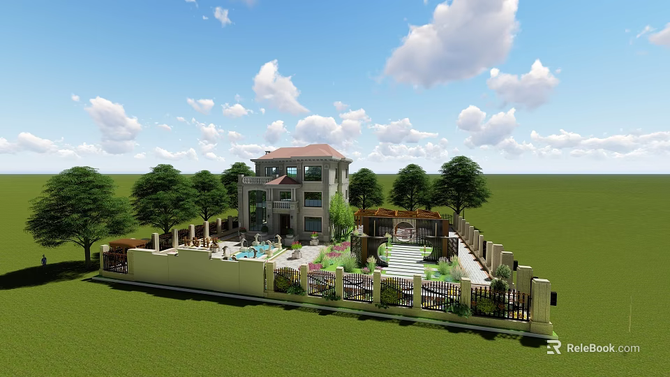 Detached Villa With Red Roof Swimming Pool Green Lawn And Trees 3d model 