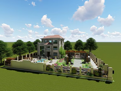 Detached Villa With Red Roof Swimming Pool Green Lawn And Trees 3d model