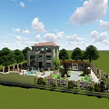 Detached Villa With Red Roof Swimming Pool Green Lawn And Trees