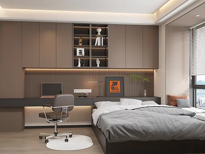 Modern Tatami Bedroom Interior Design With Tatami Bed Desk And Built in Bookshelf 3d model