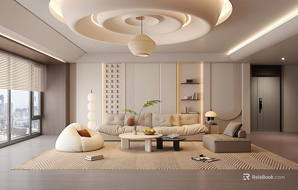 Modern Living Room Interior With Sofa Coffee Table Pendant Light And Area Rug 3d model 