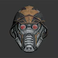 Mechanical Armored Helmet Featuring Metallic Texture Detailed Design And Red Glowing Eyes