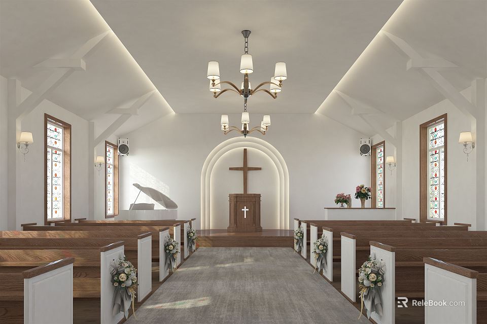 Religious Church Interior With Wooden Pews Cross Altar Stained Glass Windows Flower Arrangements And Chandelier 3d model 