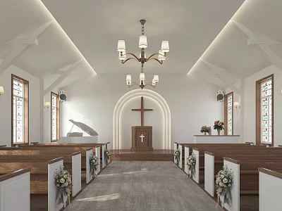 Religious Church Interior With Wooden Pews Cross Altar Stained Glass Windows Flower Arrangements And Chandelier 3d model